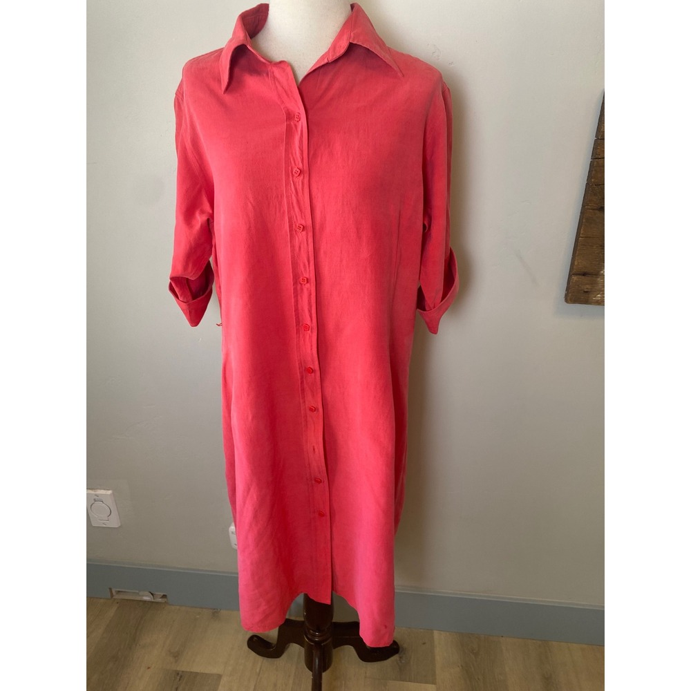 Vintage Jones New York Silk Linen Shirt Dress Pink Coral 90s Midi Button Down 12